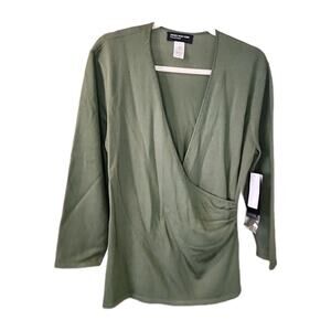 NWT Jones New York Top Womens Large Green V-Neck Lace Layer 3/4 Sleeve Pullover